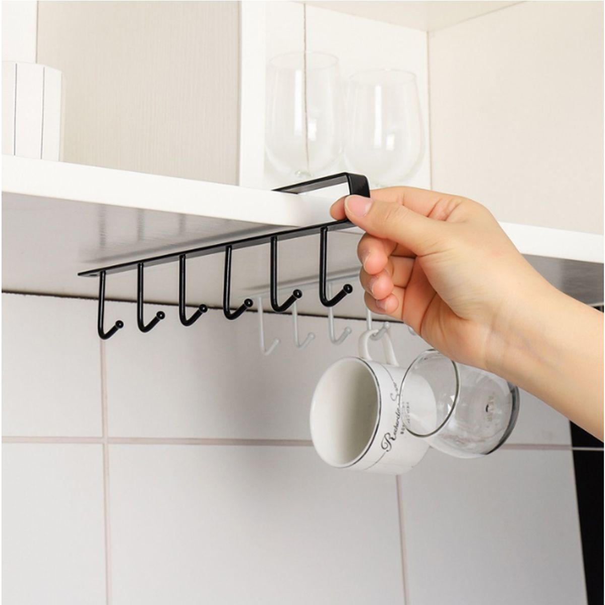 Hooks Under Cabinet Storage Rack Drilling Free Multi-Functional Coffee Cups Holder