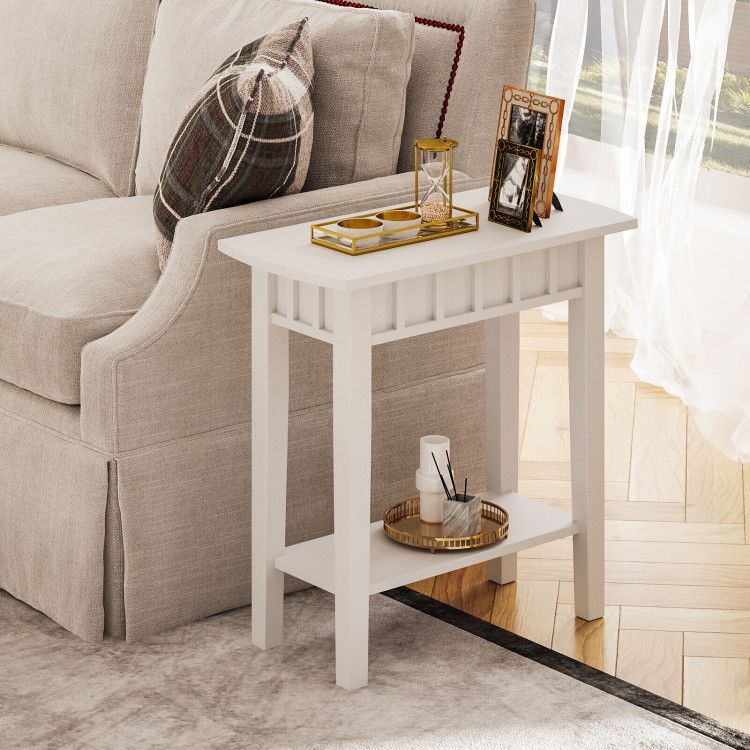 2-Tier Narrow Wood End Table with Storage Shelf for Small Spaces