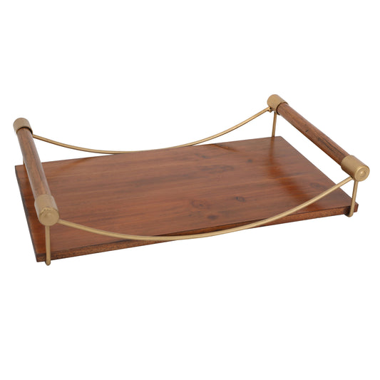 15 Inch Rectangular Wood Serving Tray with Matte Gold Trim, Brown