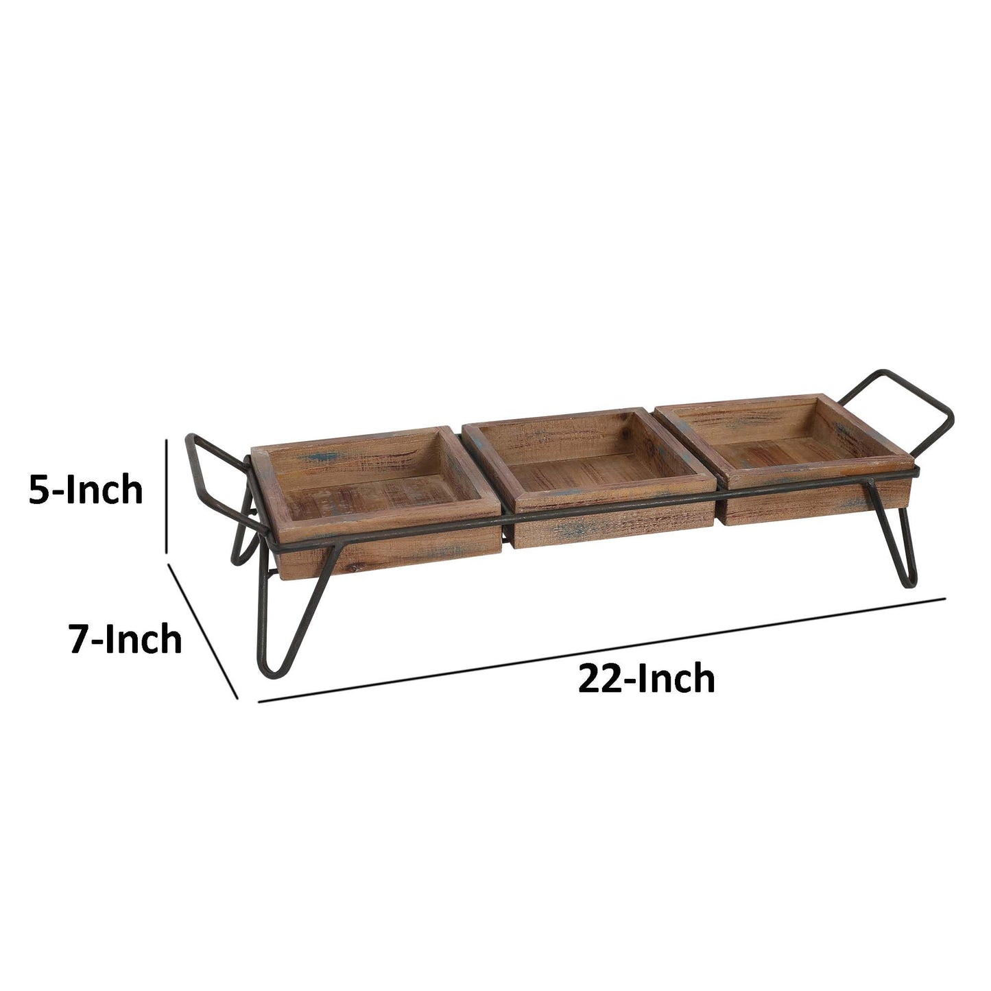 Artisinal Wood Serving Tray, 3 Seperate Sections and Metal Frame, Brown, Black