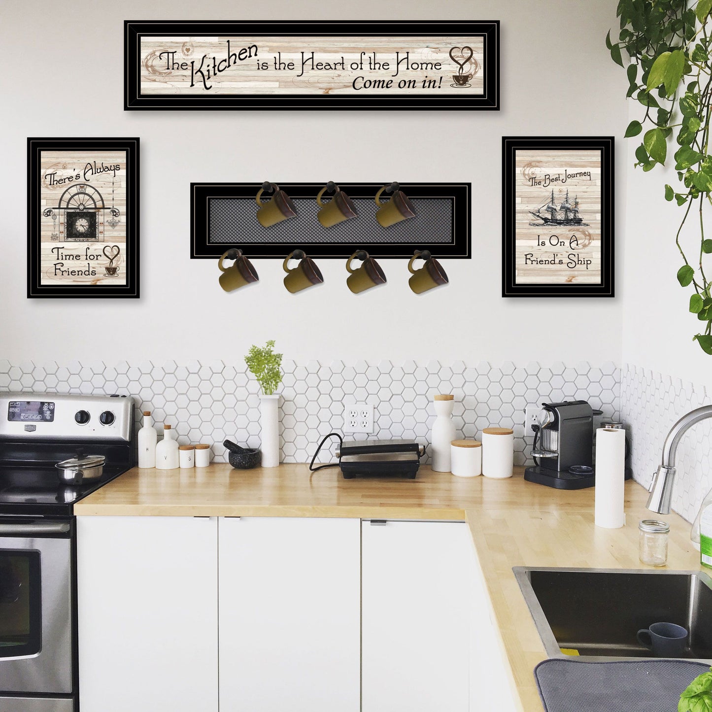 Kitchen Print (33x8) & Mug Rack(Horizonal) 27x8x3, Black Frame