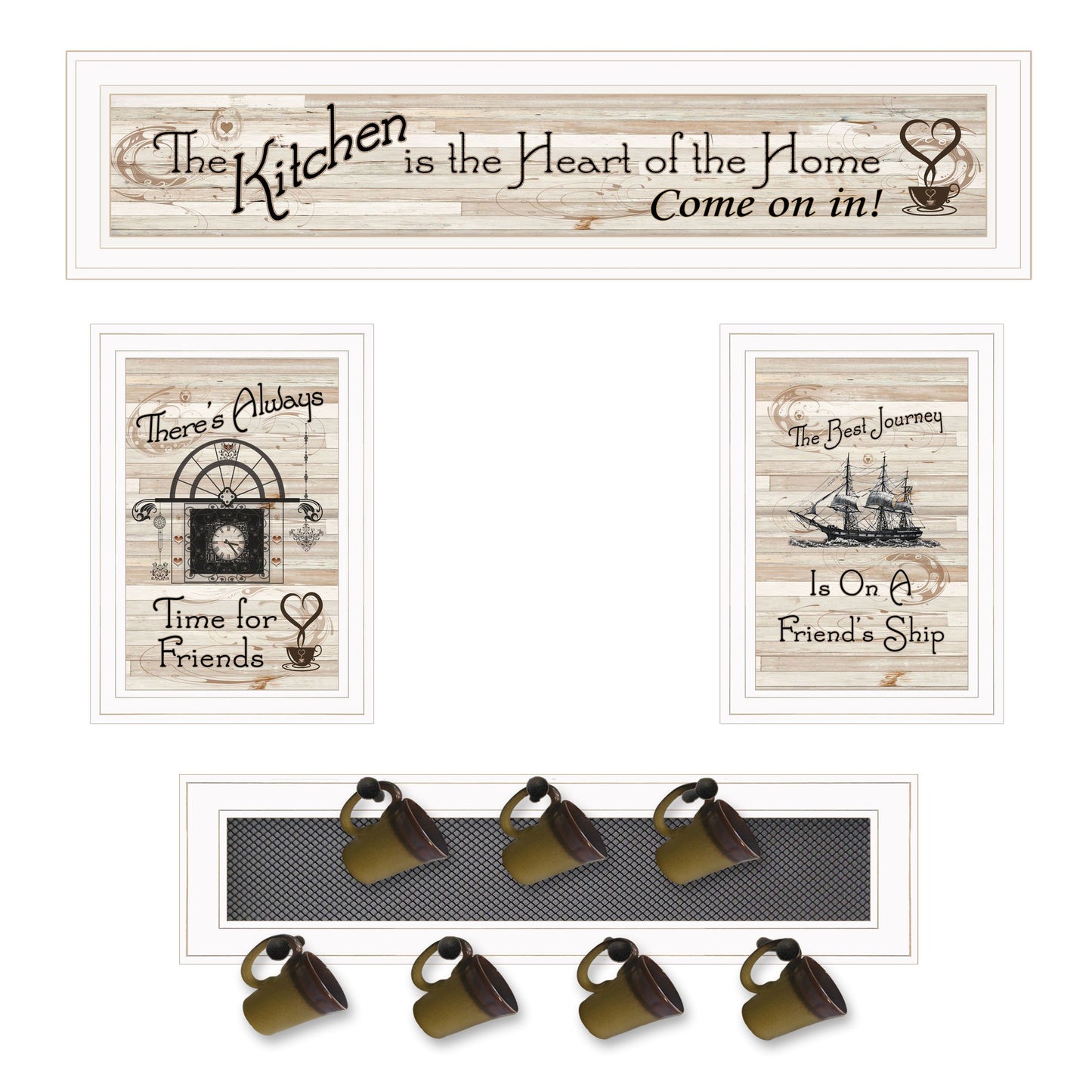 Kitchen Print (33x8) & Mug Rack(Horizonal) 27x8x3, White Frame