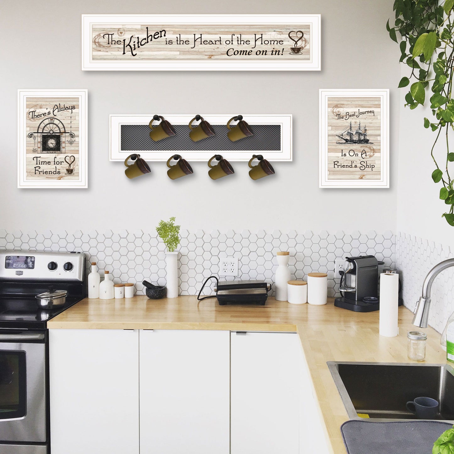 Kitchen Print (33x8) & Mug Rack(Horizonal) 27x8x3, White Frame