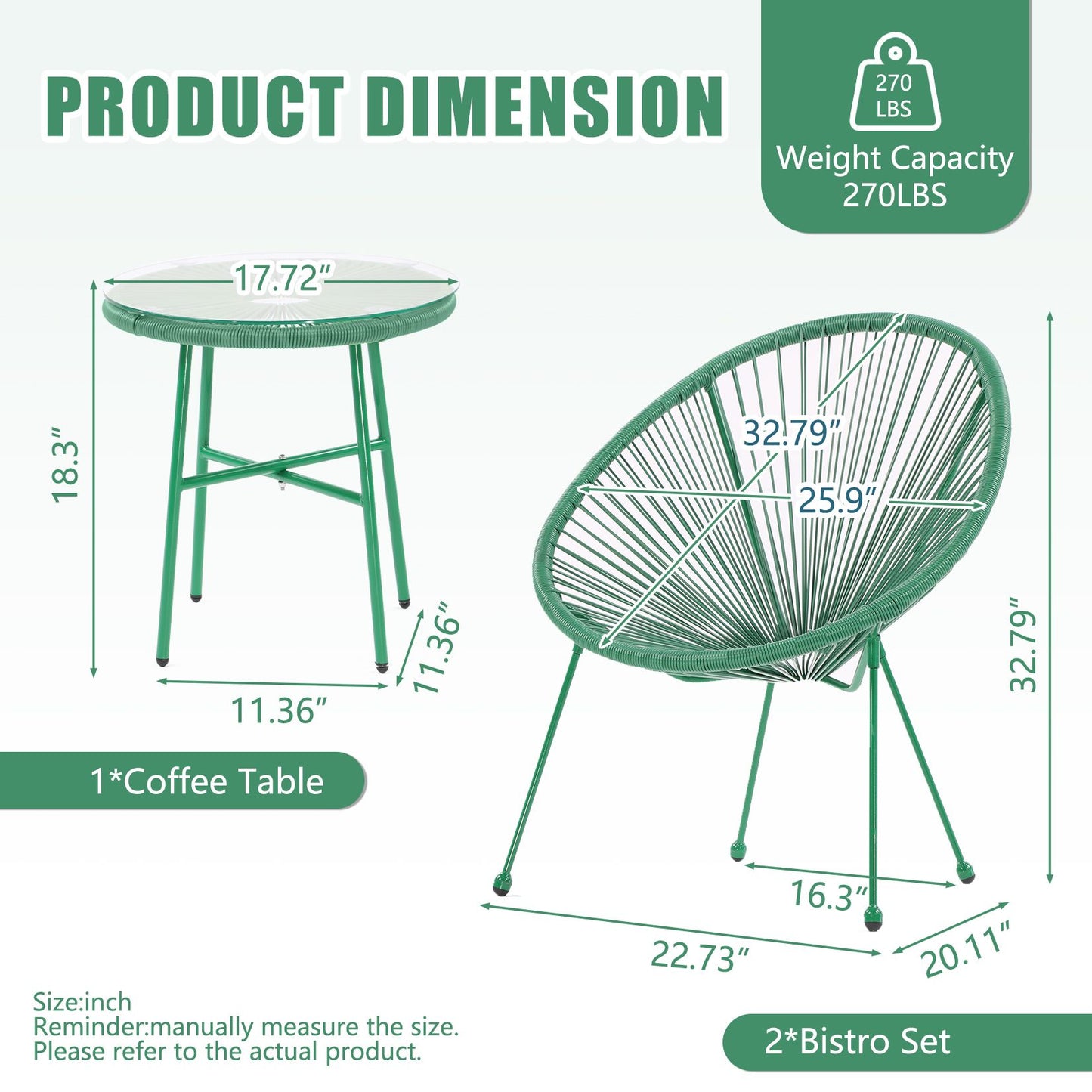 3 Piece Patio Bistro Conversation Set with Side Table, Acapulco All-Weather PE Rattan Chair Set,Flexible Rope Furniture Outdoor with Coffee Table,for Garden,Backyard,Balcony or Poolside