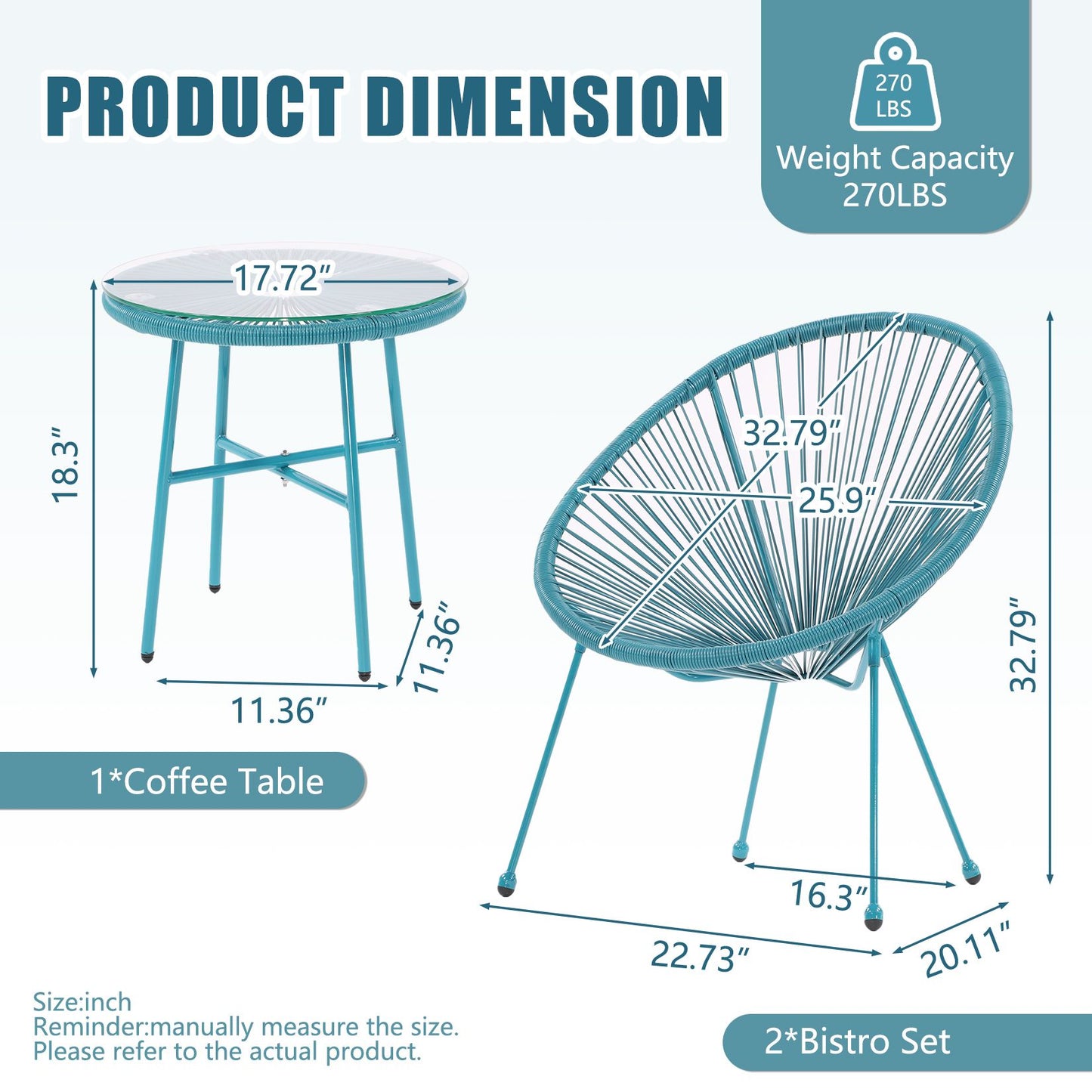 3 Piece Patio Bistro Conversation Set with Side Table, Acapulco All-Weather PE Rattan Chair Set,Flexible Rope Furniture Outdoor with Coffee Table,for Garden,Backyard,Balcony or Poolside