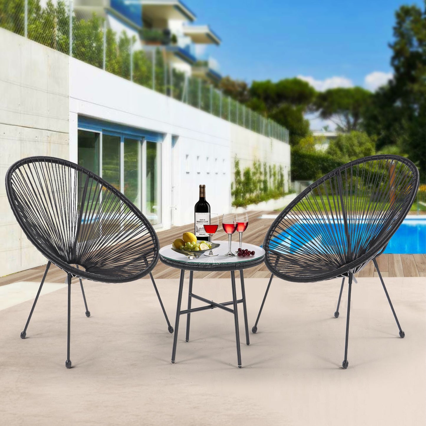 3 Piece Patio Bistro Conversation Set with Side Table, Acapulco All-Weather PE Rattan Chair Set,Flexible Rope Furniture Outdoor with Coffee Table,for Garden,Backyard,Balcony or Poolside