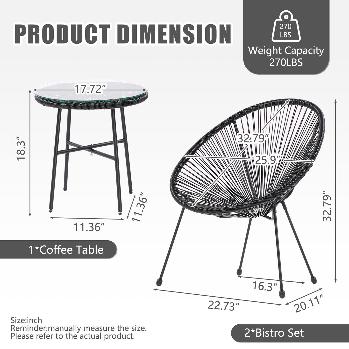 3 Piece Patio Bistro Conversation Set with Side Table, Acapulco All-Weather PE Rattan Chair Set,Flexible Rope Furniture Outdoor with Coffee Table,for Garden,Backyard,Balcony or Poolside