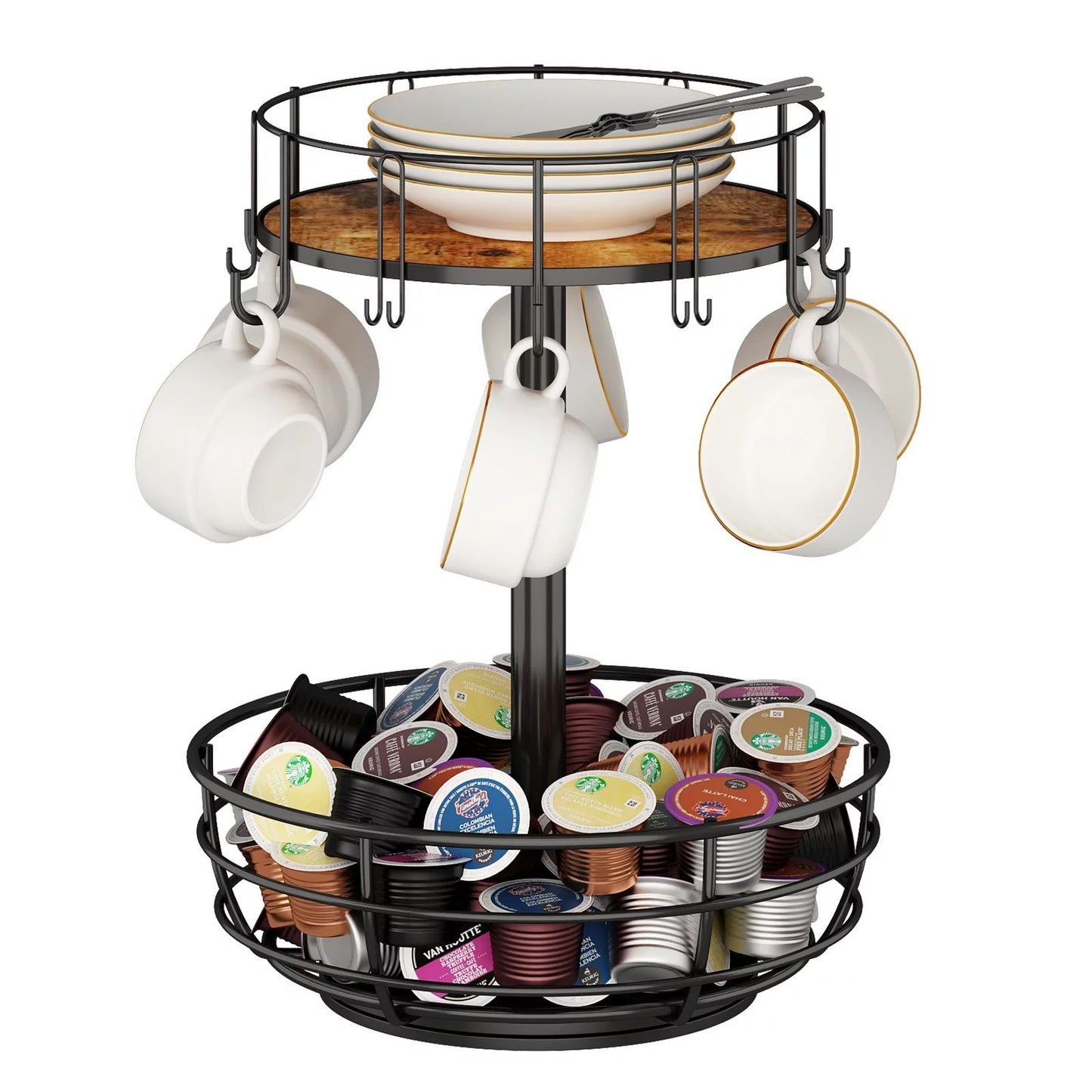 Carousel Coffee Pod Holder Basket, K Cup Organizer for Counter, Coffee Cup Organizer with 12 Mug Hooks, Mug Tree with Storage Basket, for Coffee Bar, Black